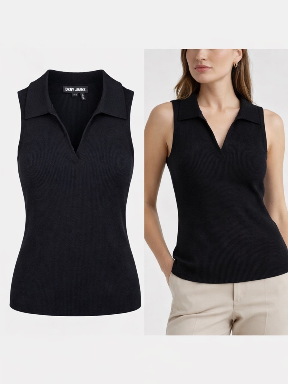 DKNY Jeans | Black Ribbed Sleeveless Collared Top | Cotton Blend | Size L
